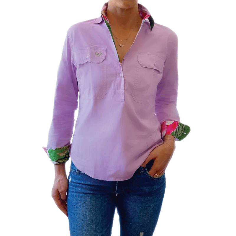 Georgie Half Button Shirt - Floral Trim
