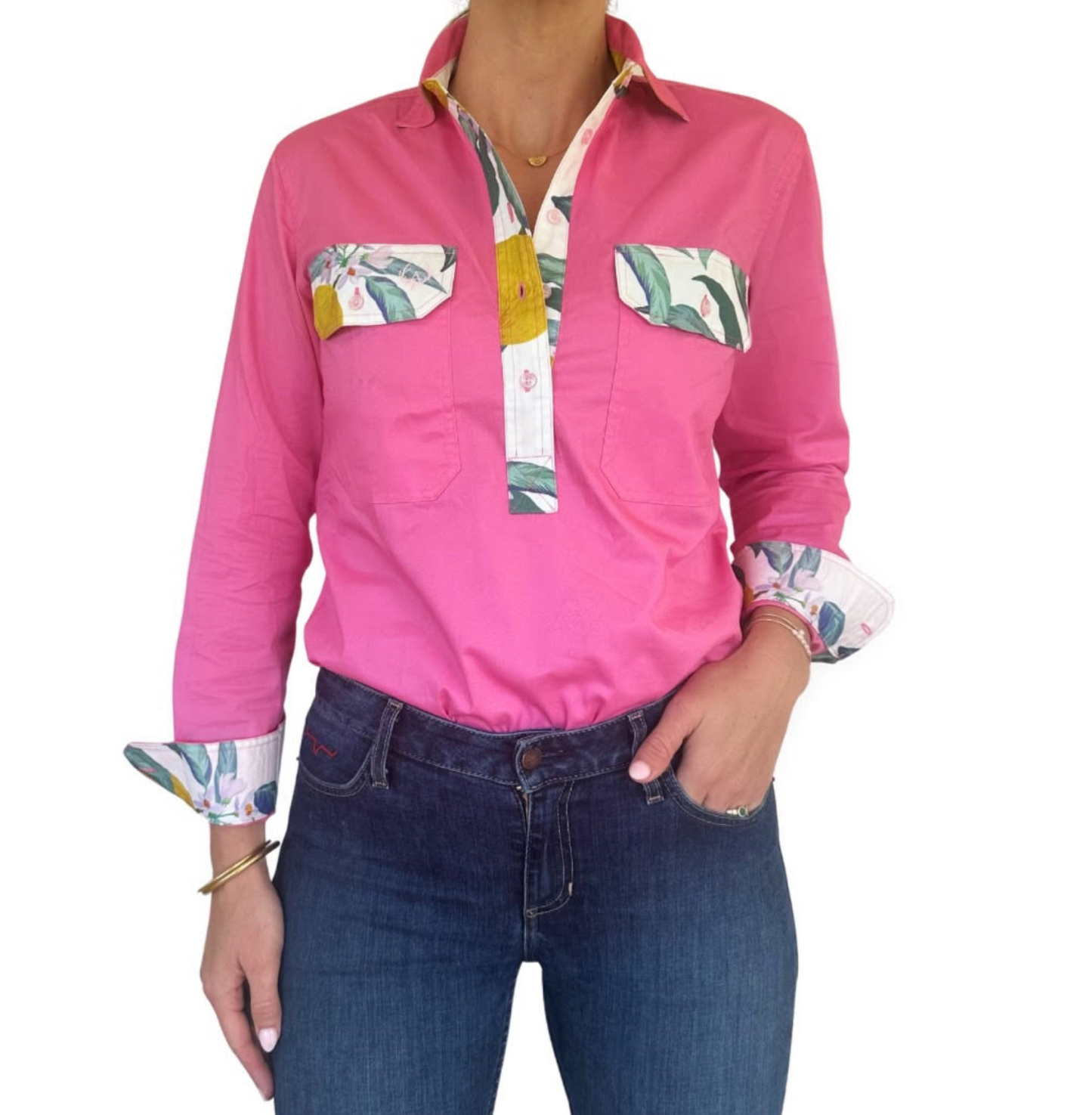 Holly Half Button Shirt - Lemon Trim