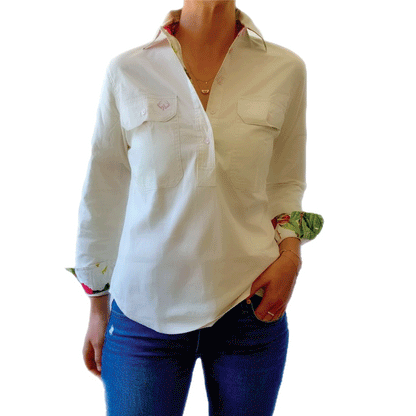 Corrina Half Button Shirt - Floral Trim